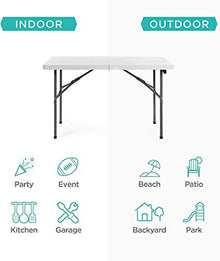 4ft Folding Table - Foldable Heavy Duty Plastic Table for Indoor & Outdoor Parties, Picnic, Camping, Wedding, BBQ Catering, Garden Dining - Fold-in-Half Portable Utility Table - White - 4ft
