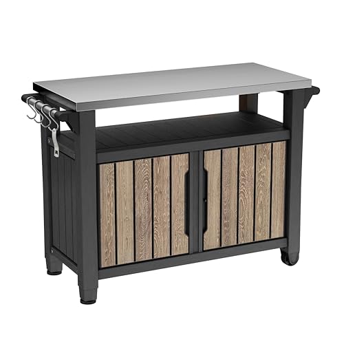 Keter Unity XL Outdoor Entertainment Cart with Wood‑Look Finish, 78‑Gallon Patio Storage Cabinet, Food Prep Station, Stainless‑Steel Top for BBQ, Grill, Patio, Deck & Backyard, Ashwood