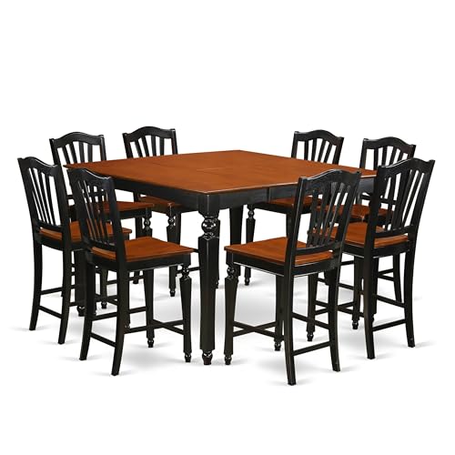East West Furniture CHEL9-BLK-W 9 Piece Kitchen Counter Height Dining Table Set Includes a Square Wooden Table with Butterfly Leaf and 8 Dining Chairs, 54x54 Inch, Black & Cherry