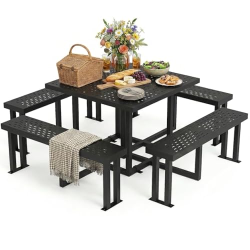 DWVO 38 Inch Square Outdoor Metal Picnic Table with Benches