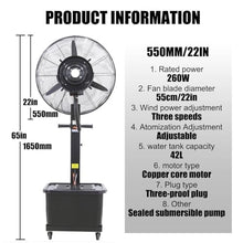 JDXQBLD Industrial Misting Fan with 11 Gallon Tank, Adjustable Height, 3 Cooling Speeds, Art Deco Pedestal Fan for Patios & Yards，550mm/22