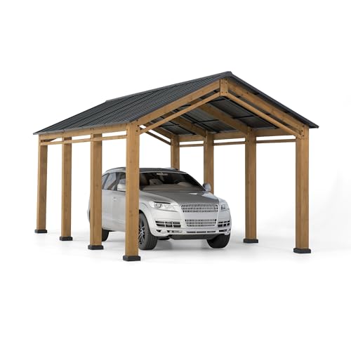 Sunjoy Heavy Duty Wood Gazebo Carport 11 ft. x 20 ft. Black/Wood Color