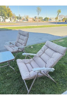 SODEF 2-Piece Outdoor/Indoor Seating Set with Tempered Glass Coffee Table, Beige Metal Frame, Foldable Design for Patio, Balcony, or Living Room, Comfortable and Stylish Lounge Furniture