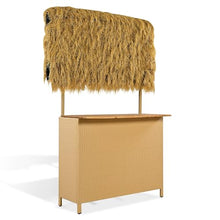 Outdoor Bar Set with PE Grass Canopy, Hawaiian-Style Acacia Wood Table and 4 Bar Stools with Adjustable Feet, Weather-Resistant Wicker, Patio, Backyard, Poolside, Dining and Drinking, Natural