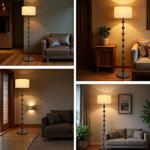 French Vintage Country Floor Lamp, Modern Dimmable Floor Light, Walnut Color Wood Ribbon with 9 Round Sphere and Linen Lampshades, for Living Room Bedroom Study Corner