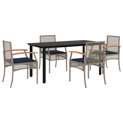 XHNIFBN 5-Piece Outdoor Patio Dining Set, PE Rattan Garden Furniture with Rectangular Tempered Glass Top Table and 4 Cushioned Chairs for Backyard, Terrace and Balcony, Grey