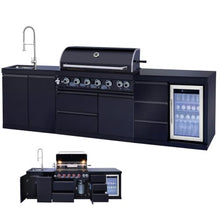 Modular Stainless Steel Outdoor Kitchen Island,All-in-One BBQ Grill Station with Sink,Storage Drawers, Side Prep Counter (114 IN Black Sink Fridge, 114", Propane Gas Grill)