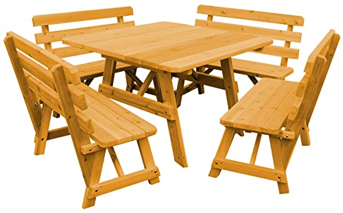 Furniture Barn USA Cedar 43" Square Picnic Table with 4 Backed Benches, Natural Stain