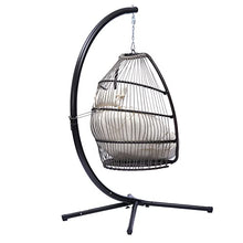 Hanging Rope Swing Seat Patio Wicker Folding Hanging Chair with Cushion and Pillow Rattan Swing Hammock Egg Chair with X Type Base and C Type Bracket for Indoor/Outdoor(Black+Beige)