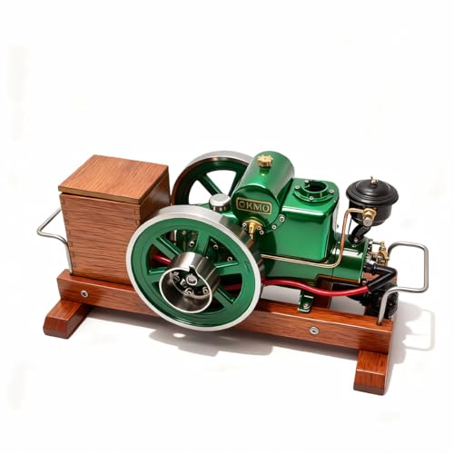 Horizontal Gasoline Internal Combustion Engine Model with Wooden Display Stand and Ignition System, Japanese Retro Industrial Mechanical Collectible -1100