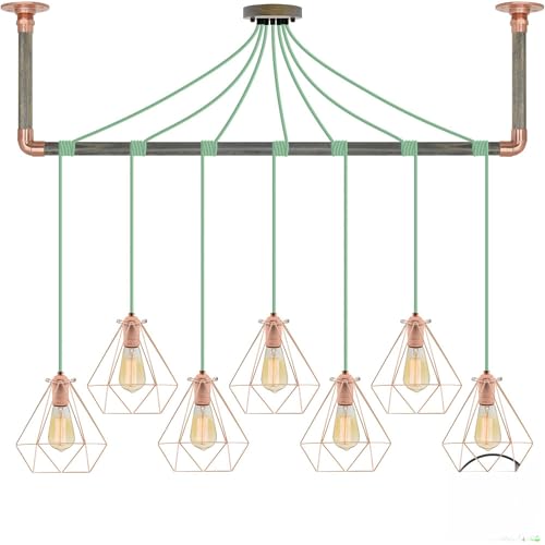 Mint and Copper Diamond Geometric Cage Pendant Light Wrapped Grey Wood and Copper Hanging Bracket - Hangout Lighting - 7 Pendants
