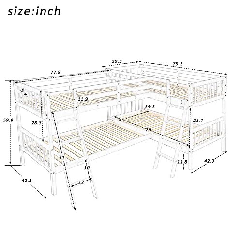 BOVZA L-Shaped Quad Bunk Bed Twin Size with Ladders & Guardrails Grey
