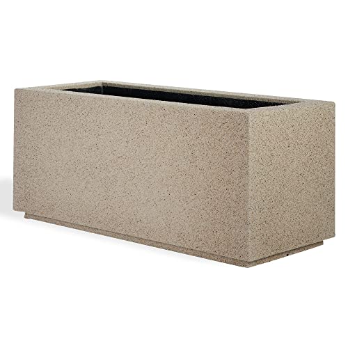 PolyStone Argentine Modern Outdoor/Indoor Rectangular Trough Planter - 36" x 16" x 16" H - Lightweight Weather Resistant Stone-Look Resin Planter - Commercial & Residential - Sandstone Granite