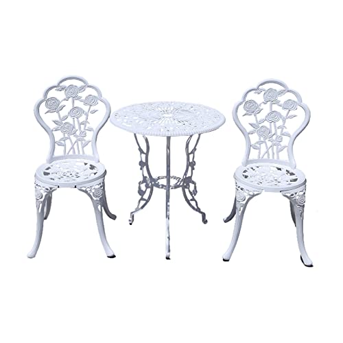 Outdoor Furniture Bistro Set with Rose Pattern 1 Table 2 Chairs for Garden Patio Porch (White)
