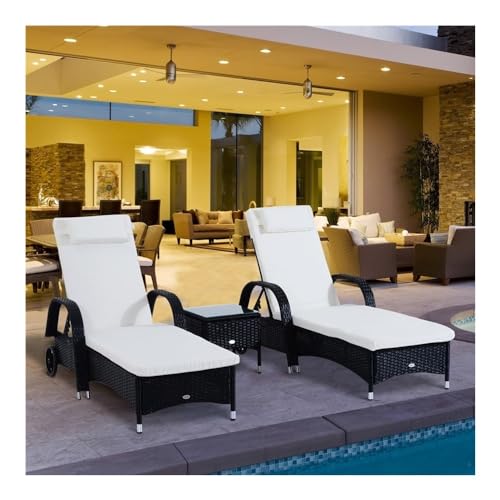 Patio Chaise with Wheels, Wicker Outdoor Chaise Lounge Set of 3 with Table, Adjustable Backrest PE Rattan Pool Lounge Chair with Wheels, Cushion & Headrest for Outside Sunbathing Pool Camping Beach