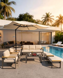 7 Seats Aluminum Outdoor Patio Conversation Sets with Coffee Table, 6 Pieces Metal Conversation Sectional Furniture Sofa for Balcony, Garden, Deck, Backyard,Beige