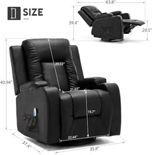 Black Leather Recliner Chair with Heated Massage for Adults, 360-Degree Swivel Rocker Recliner with 2 Cup Holders, Ergonomic Single Sofa Seat for Living Room
