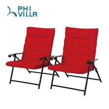 PHI VILLA 3 PCS Patio Bistro Set Outdoor Furniture Folding Chairs Set with Red Cushions, 2 Adjustable Reclining Chairs & 1 Tempered Glass Coffee Table