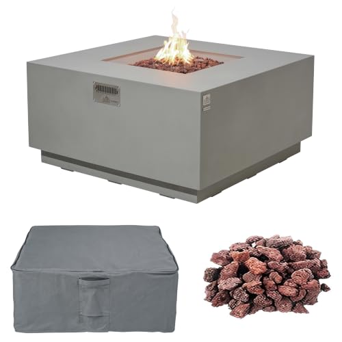 AMS 48" Square Concrete GFRC Propane Gas Fire Pit Table (Light Gray)