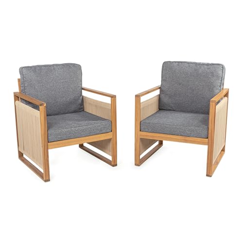 JONATHAN Y Gable Modern Acacia Wood Rope Patio Armchair Set of 2, Gray