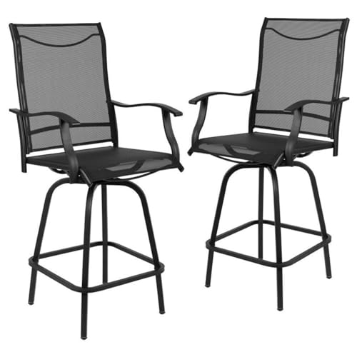 Afuera Living 30" All-Weather Patio Swivel Bar Stools, Set of 2, Black Finish, Galvanized Steel Frame, Textilene Seats with Waterfall Edge, Extra Wide Back, Contemporary Outdoor Bar Height Seating