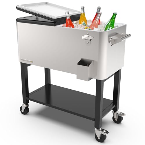 Permasteel 80-Qt Outdoor Patio Cooler with Removable Basin, Outside Beverage Cooler Cart, Rolling Cooler with Wheels and Handles, Stainless Steel