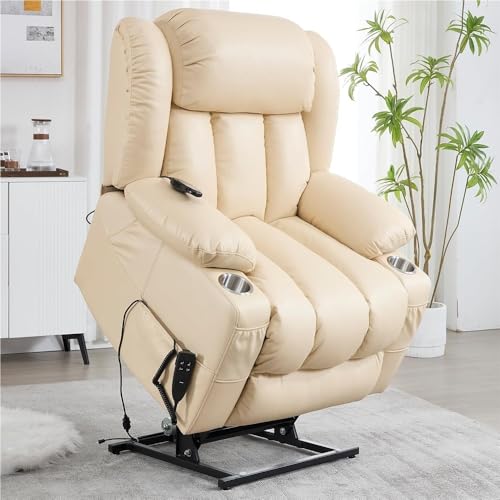KTYUERGHK Beige Lay-Flat Power Lift Recliner with Massage & Heat