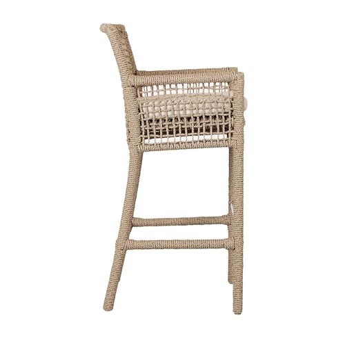 Benzara 31 Inch Outdoor Bar Stool Chair, Rope Woven, Ivory Olefin Fabric Seat, Brown