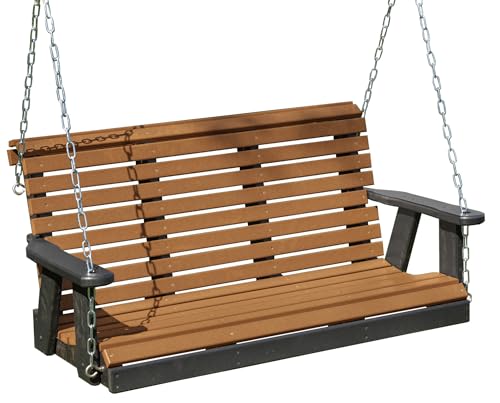 Poly Lumber Wood 5FT Porch Swing Amish Craftsmandship Made in USA HDPE with No wood fibers and 1000 lbs Limit. Stainless Steel Hardware.Signature Rollback design for Patio Outdoor Backyard Garden Park