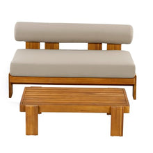 Merax 2 Piece Patio Loveseat & Coffee Table Set with Acacia Wood Frame, Waterproof Cushions & Round Backrest for Garden, Deck & Balcony, Light Brown+Teak