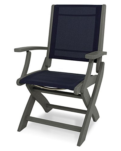 Polywood® Coastal Folding Chair in Slate Grey/Navy Blue Sling