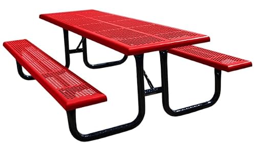 Barco Products Comfort Series Rectangular Picnic Table, 8 ft Walk-Thru Commercial Table, Red Perforated Thermoplastic-Coated Steel, 12 in. Wide Seats, 20-Year Guarantee