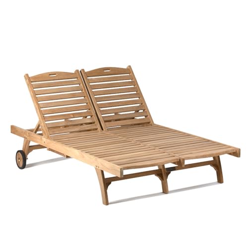 TITAN GREAT OUTDOORS Ash & Ember Hawthorne Grade A Teak Double-Wide Reclining Lounge Chair, Four Adjustable Backrest Positions, Pull-Out Tray, Outdoor Weather-Resistant Sun Chaise Lounger with Wheels