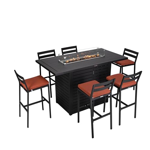LeisureMod Chelsea 1 Bar Height Fire Pit Table & 6 Bar Chairs Orange Cushions, 50,000 BTU Fire Pit Dining Table Set, Powder-Coated Aluminum Patio Dining Set, Removable Olefin Covers