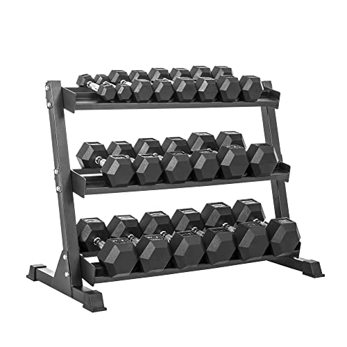 Lifeline Hex Rubber Dumbbell Set with Weight Rack Black