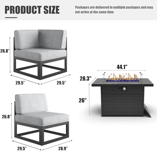 LayinSun Large Aluminum Patio Furniture Set with Fire Pit Table, 7 Pieces Outdoor Sectional Sofa Set Black/Light Grey
