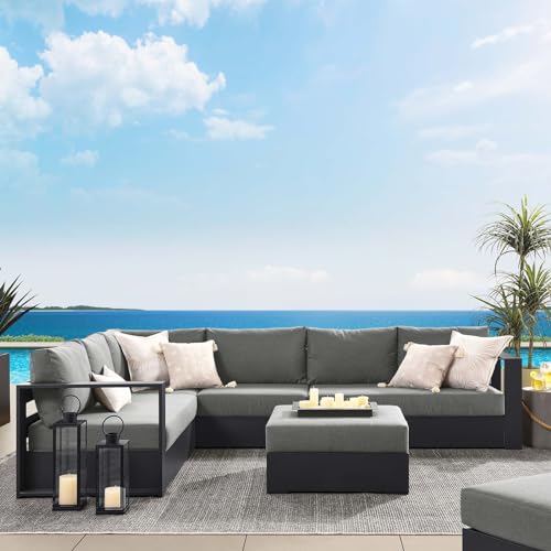 Modway Tahoe Aluminum 5-Piece Outdoor Patio Furniture Gray Charcoal, Modular Sectional Sofa Set with Weather-Resistant Cushion and Ottoman, Ideal for Deck, Backyard Poolside