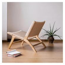 OUTIFUOSSR Nordic Solid Wood Single Leisure Chair Modern Simple Woven Lounge Outdoor Sofa Light Luxury Leather Saddle(Braided Rope)