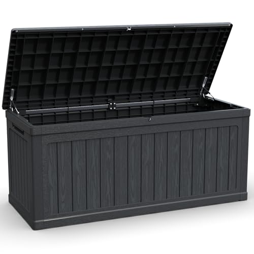 SWLJKU XXL Deck Box Outdoor Storage, Large Waterproof Resin Patio Furniture Cushion Organizer, Heavy Duty Lockable Garden Bench with Double-Wall Construction, Wood Grain Black (260, Gallons)