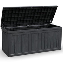 SWLJKU XXL Deck Box Outdoor Storage, Large Waterproof Resin Patio Furniture Cushion Organizer, Heavy Duty Lockable Garden Bench with Double-Wall Construction, Wood Grain Black (260, Gallons)