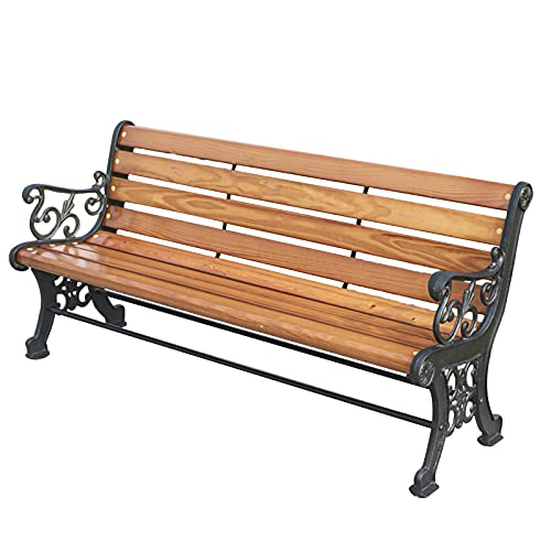 E Outdoor Courtyard Garden Bench Heavy Duty Powder Coated Steel Frame Double Seat Park Bench 5 cm Extra Thick Solid Wood Slot Weatherproof Bench for Backyard Lawn Path (A)