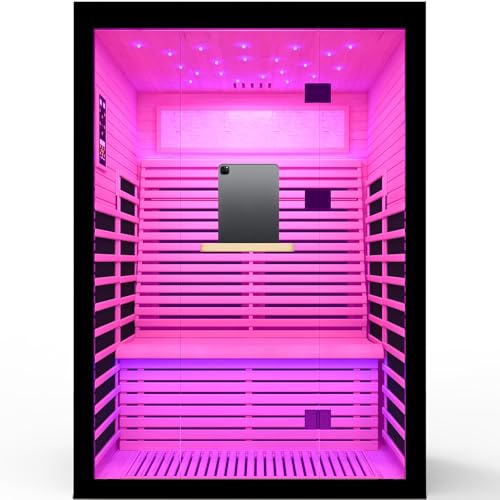 HOSAUNA Sauna 2 Person Far Infrared Sauna Home Canadian Hemlock Indoor 2160W Low-EMF Dry Saunas with Oxygen Bar, 21 Full Stars in 7 Color Remedies, Control Panel, Speakers (53.1 * 47.2 * 74.8 in)