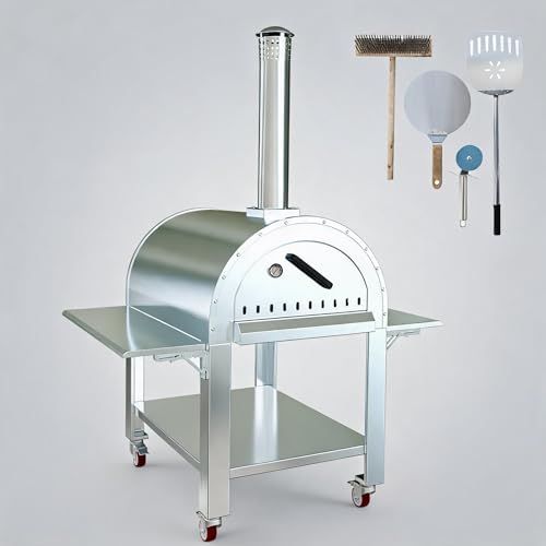 Outdoor Pizza Oven – Stainless Steel Dual Fuel Wood & Charcoal Pizza Maker, 2-Layer Vertical Kiln-Style Grill with 4 Wheels, Portable High Heat Pizza Cooker for Backyard Patio Camping