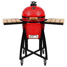 London Sunshine 15-inch Ceramic Kamado Charcoal BBQ Grill & Smoker with Locking Casters, Foldable Side Shelves, Stainless Steel Grates, and Tall Stand (Red)