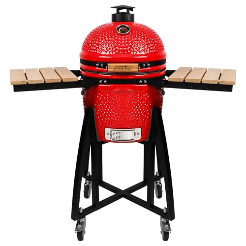London Sunshine 15-inch Ceramic Kamado Charcoal BBQ Grill & Smoker with Locking Casters, Foldable Side Shelves, Stainless Steel Grates, and Tall Stand (Red)