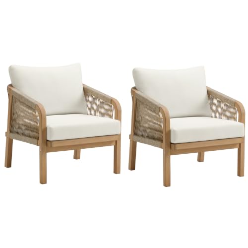 Alaterre Furniture Lusso Outdoor Patio Chairs Set of 2 - Weather-Resistant Eucalyptus Wood Armchairs with Rope Accents - Modern Outdoor Furniture Set for Patio, Porch, Deck, or Poolside (Natural)