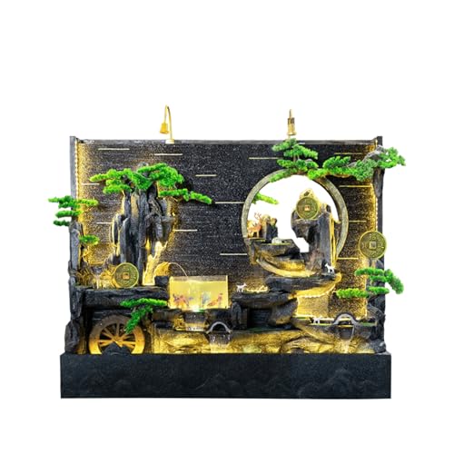 Elegant Zen Landscape Waterfall Fountain with LED Lighting and Artificial Greenery – Indoor and Outdoor Feng Shui Water Feature for Home and Garden Décor(#2745)