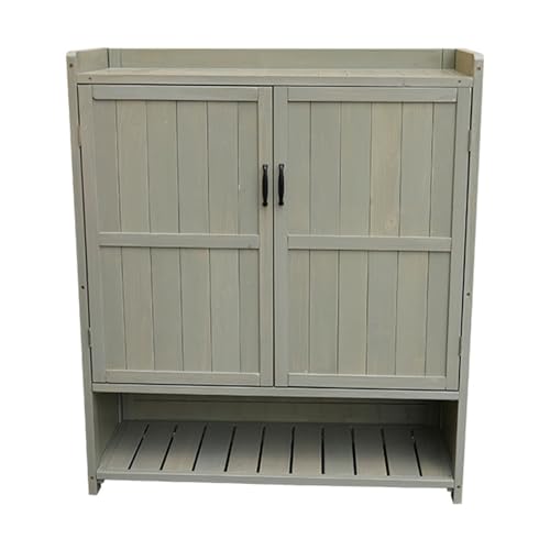 Yajuer Potting Bench, Outdoor Garden Patio Wooden Storage Cabinet with Adjustable Shelf, Outdoor Potting Bench with Metal Tabletop for Backyard, Patio, Lawn