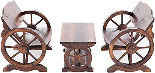 icVantA Patio Bench Outdoor Bench Park Bench Furniture Outdoor Retro Solid Wood Table and Chairs Wooden Wheel Design Outdoor Patio Furniture Single Seat with,Three-Piece Suit