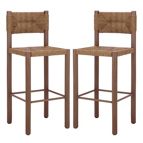 SAFAVIEH Couture Outdoor Patio Furniture Collection - Romona Tropical Bar Stool Set of 2, Brown Woven Rattan Design, 30-Inch, Fully Assembled (CPT4001B)
